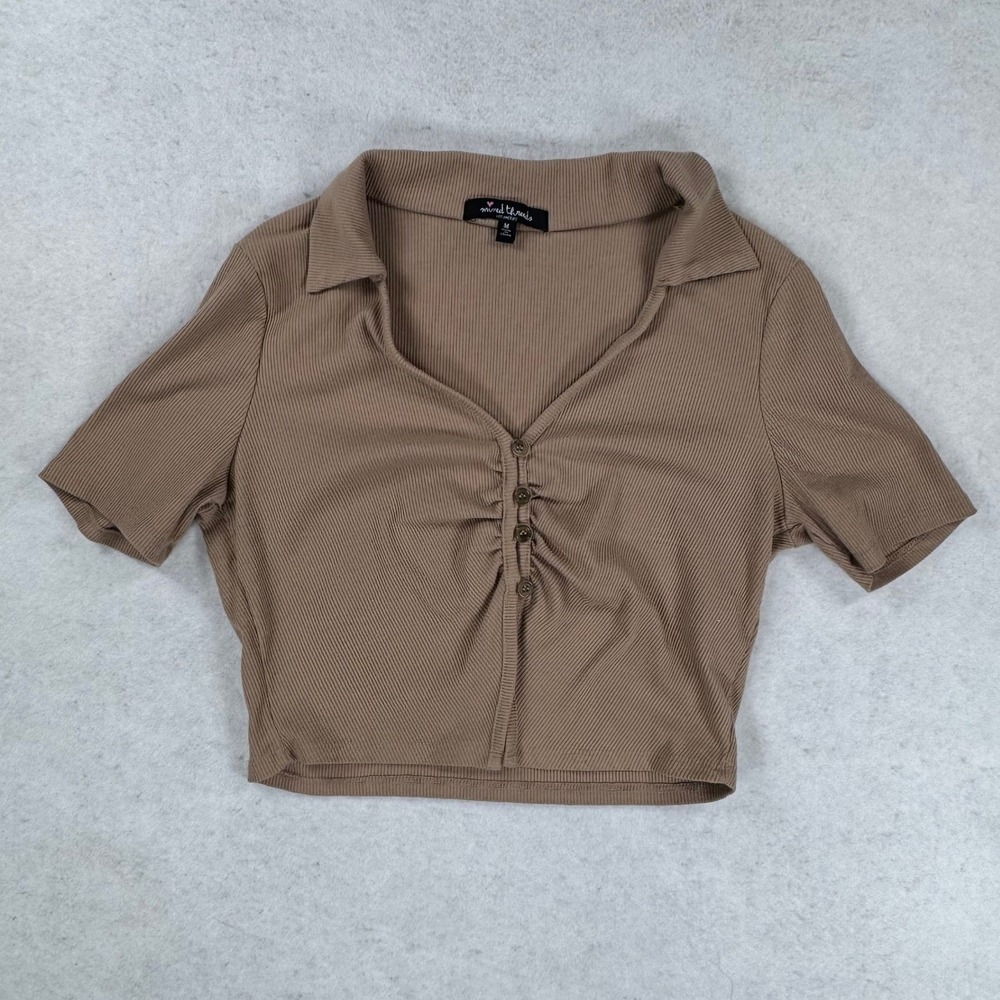 Mixed Threads Los Angeles Ribbed Crop Top‎ Tan Brown Short Sleeve Collared M